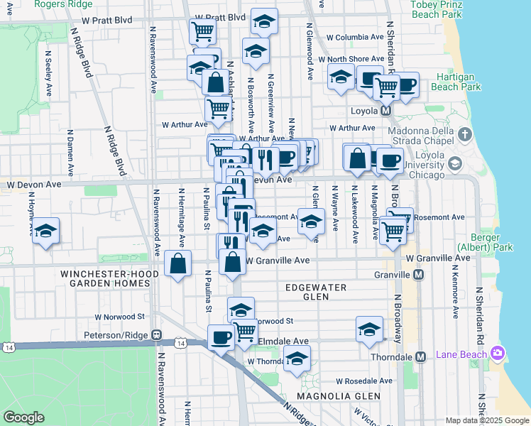 map of restaurants, bars, coffee shops, grocery stores, and more near 1533 West Highland Avenue in Chicago