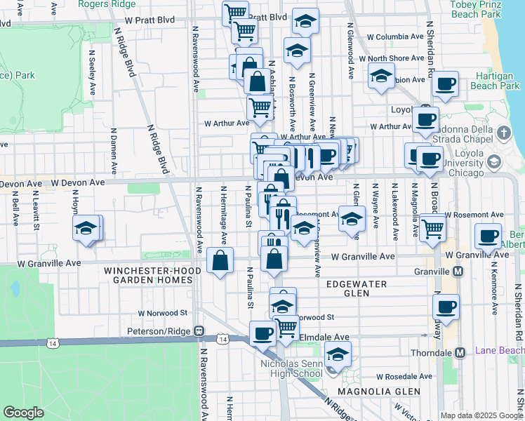 map of restaurants, bars, coffee shops, grocery stores, and more near 6316 North Clark Street in Chicago