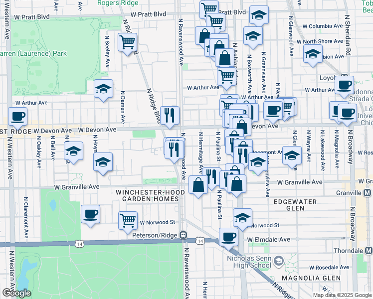 map of restaurants, bars, coffee shops, grocery stores, and more near 1785 West Devon Avenue in Chicago