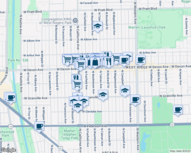 map of restaurants, bars, coffee shops, grocery stores, and more near 2653 West Devon Avenue in Chicago