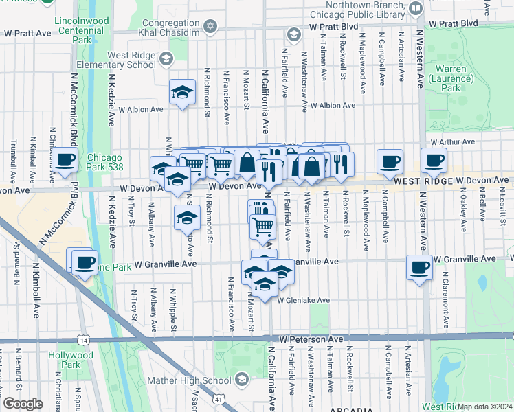 map of restaurants, bars, coffee shops, grocery stores, and more near in Chicago