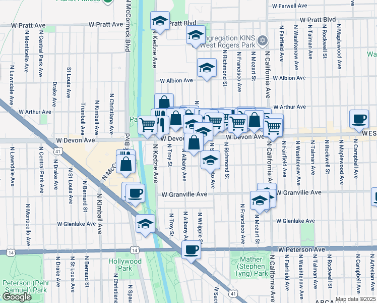 map of restaurants, bars, coffee shops, grocery stores, and more near 3100 West Devon Avenue in Chicago