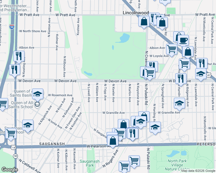 map of restaurants, bars, coffee shops, grocery stores, and more near 6360 North Tripp Avenue in Chicago