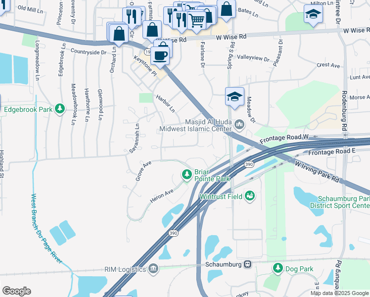 map of restaurants, bars, coffee shops, grocery stores, and more near 1722 Chesapeake Lane in Schaumburg