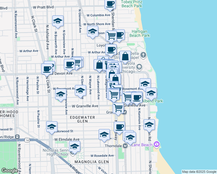 map of restaurants, bars, coffee shops, grocery stores, and more near 6321 North Magnolia Avenue in Chicago