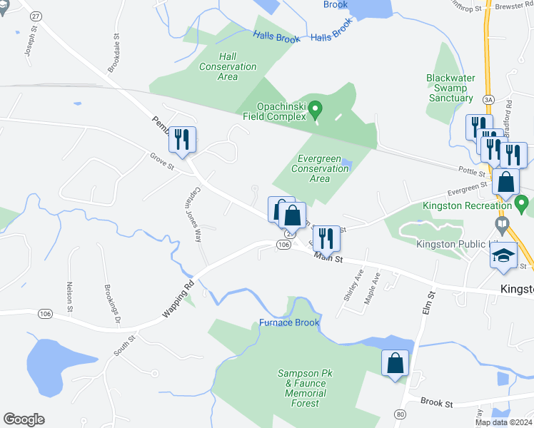map of restaurants, bars, coffee shops, grocery stores, and more near 17 Pembroke St in Kingston