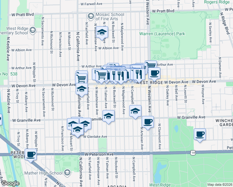 map of restaurants, bars, coffee shops, grocery stores, and more near 6325 North Rockwell Street in Chicago