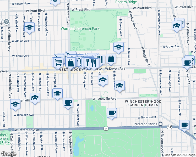 map of restaurants, bars, coffee shops, grocery stores, and more near 2205 West Highland Avenue in Elgin