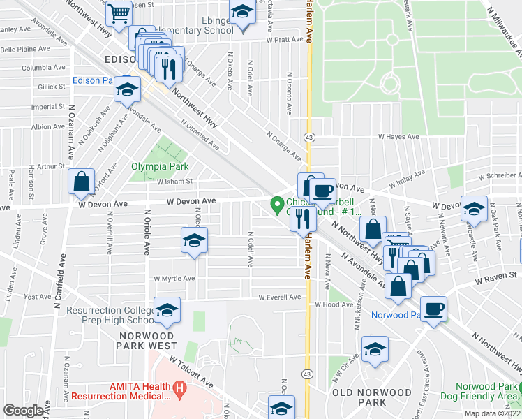 map of restaurants, bars, coffee shops, grocery stores, and more near 6325 N Avondale Ave in Chicago