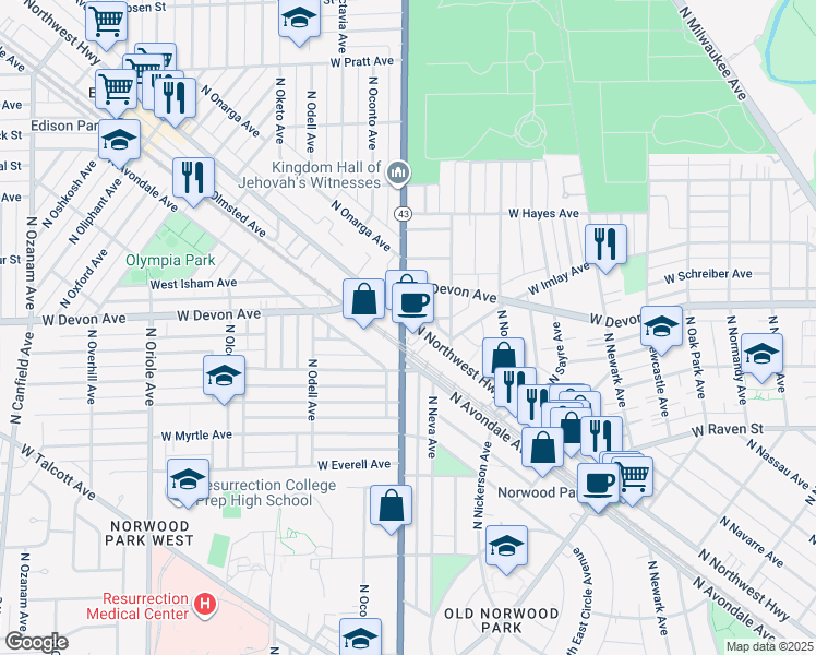 map of restaurants, bars, coffee shops, grocery stores, and more near in Chicago