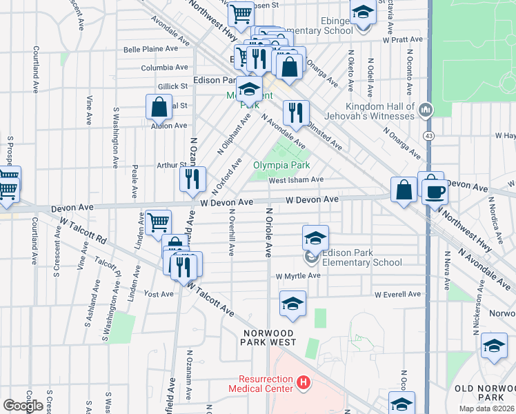 map of restaurants, bars, coffee shops, grocery stores, and more near 7616 West Devon Avenue in Chicago