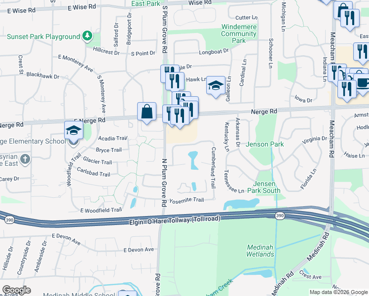 map of restaurants, bars, coffee shops, grocery stores, and more near 876 Cross Creek Drive North in Roselle