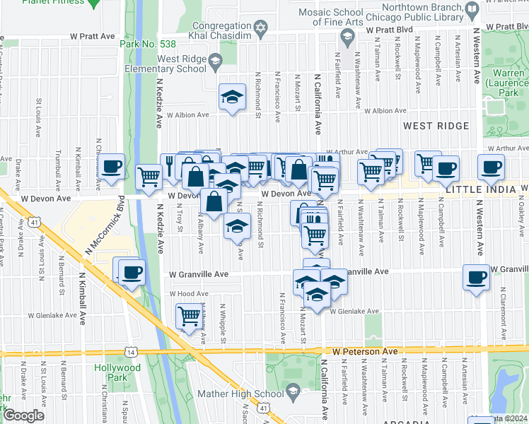 map of restaurants, bars, coffee shops, grocery stores, and more near 6333 North Richmond Street in Chicago