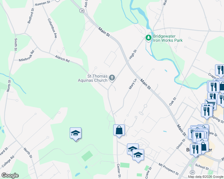 map of restaurants, bars, coffee shops, grocery stores, and more near 98 Center Street in Bridgewater