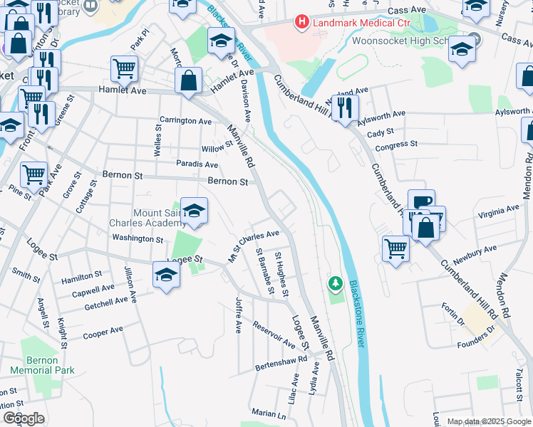 map of restaurants, bars, coffee shops, grocery stores, and more near 494 Manville Road in Woonsocket