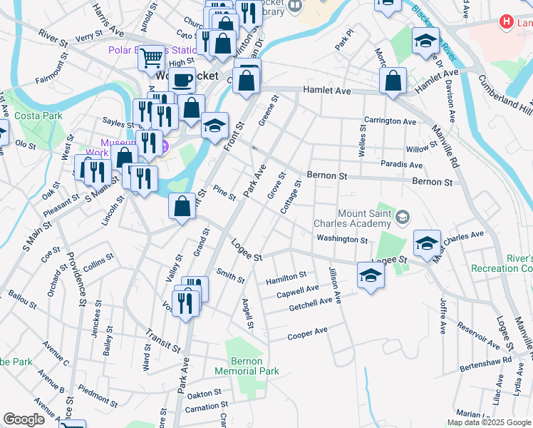 map of restaurants, bars, coffee shops, grocery stores, and more near 98 Crawford Street in Woonsocket