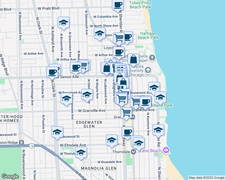 map of restaurants, bars, coffee shops, grocery stores, and more near 6321 North Magnolia Avenue in Chicago