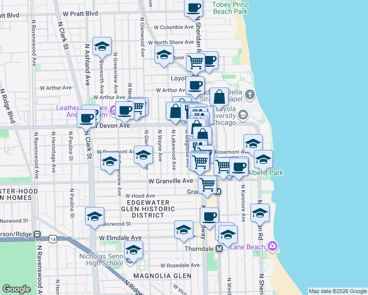 map of restaurants, bars, coffee shops, grocery stores, and more near 6321 North Magnolia Avenue in Chicago
