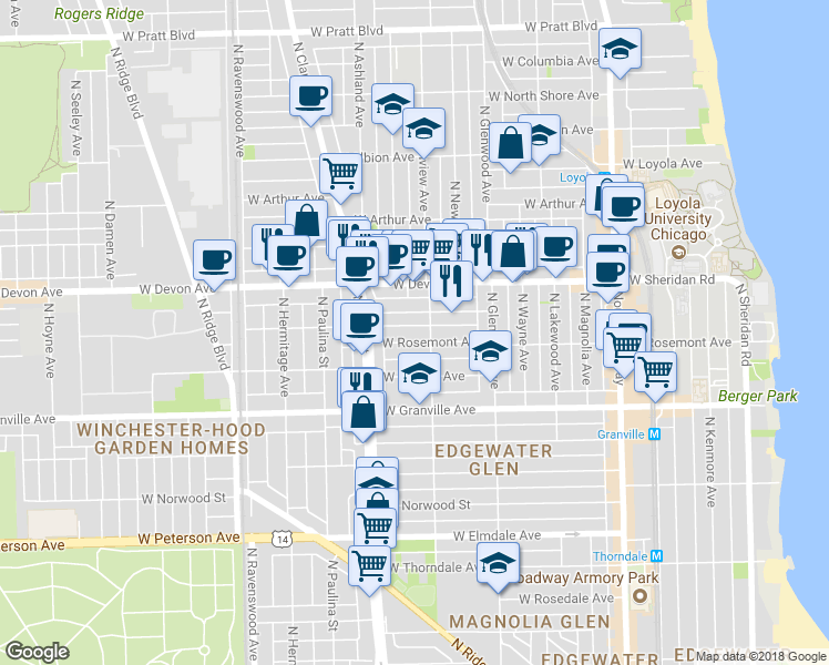 map of restaurants, bars, coffee shops, grocery stores, and more near 1533 West Highland Avenue in Chicago