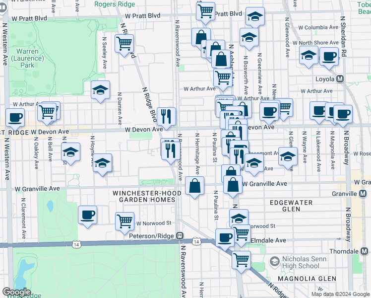 map of restaurants, bars, coffee shops, grocery stores, and more near 1785 West Devon Avenue in Chicago
