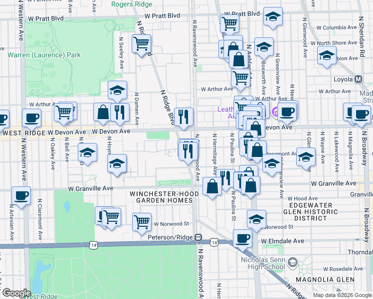 map of restaurants, bars, coffee shops, grocery stores, and more near 6359 North Ridge Avenue in Chicago