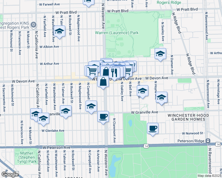 map of restaurants, bars, coffee shops, grocery stores, and more near 6337 North Claremont Avenue in Chicago