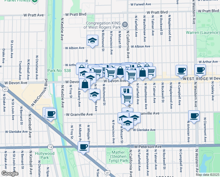 map of restaurants, bars, coffee shops, grocery stores, and more near in Chicago