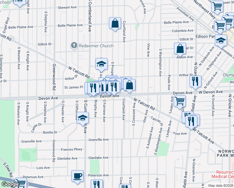map of restaurants, bars, coffee shops, grocery stores, and more near 621 West Talcott Road in Park Ridge