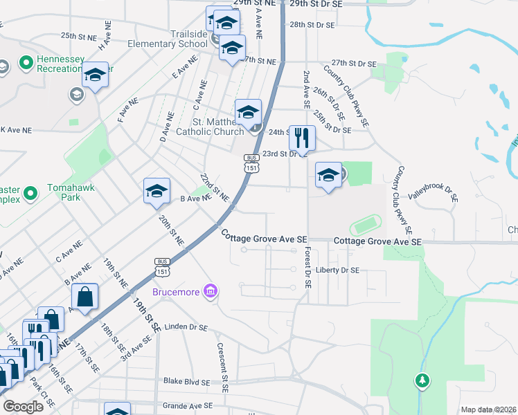 map of restaurants, bars, coffee shops, grocery stores, and more near 115 Thompson Drive Southeast in Cedar Rapids