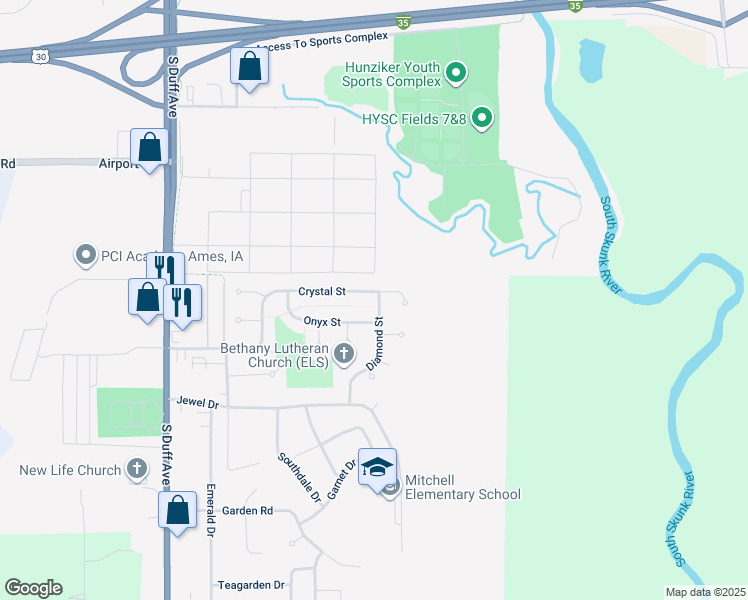 map of restaurants, bars, coffee shops, grocery stores, and more near 722 Crystal Street in Ames