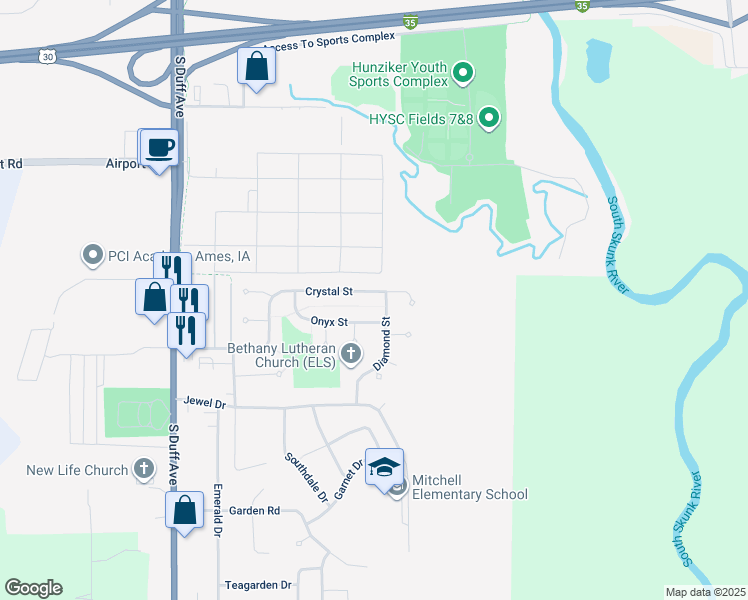 map of restaurants, bars, coffee shops, grocery stores, and more near 722 Crystal Street in Ames