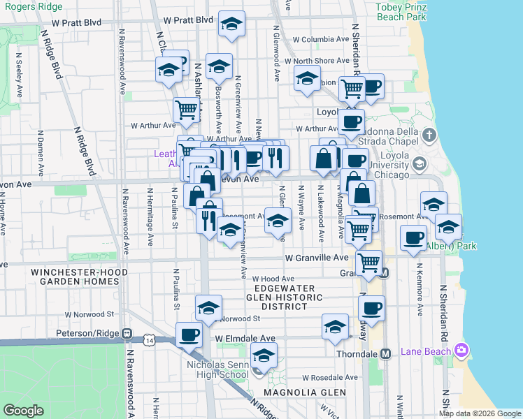 map of restaurants, bars, coffee shops, grocery stores, and more near 1417 West Highland Avenue in Chicago
