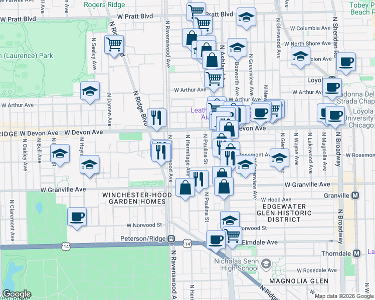 map of restaurants, bars, coffee shops, grocery stores, and more near 6346 North Hermitage Avenue in Chicago