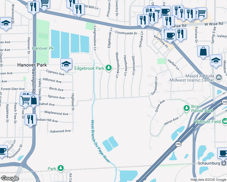 map of restaurants, bars, coffee shops, grocery stores, and more near 6867 Edgebrook Lane in Hanover Park