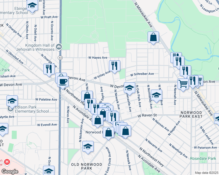 map of restaurants, bars, coffee shops, grocery stores, and more near 6901 West Devon Avenue in Chicago