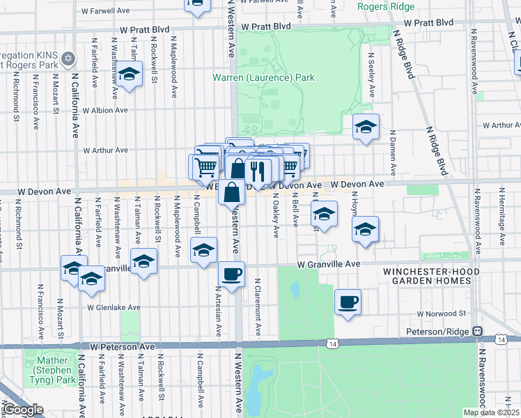 map of restaurants, bars, coffee shops, grocery stores, and more near 6325 North Claremont Avenue in Chicago