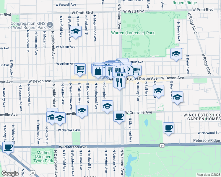 map of restaurants, bars, coffee shops, grocery stores, and more near 6326 North Artesian Avenue in Chicago