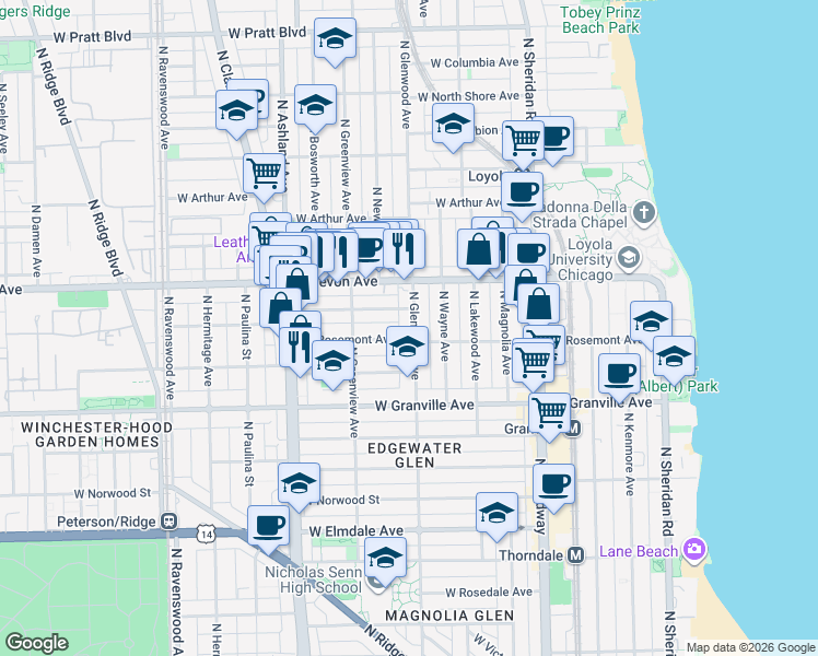 map of restaurants, bars, coffee shops, grocery stores, and more near 6308 North Glenwood Avenue in Chicago