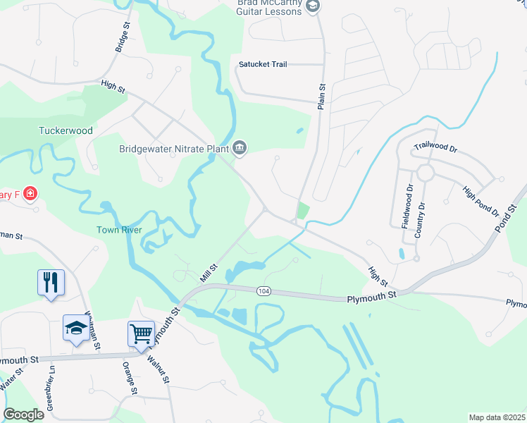 map of restaurants, bars, coffee shops, grocery stores, and more near 95 Mill Street in Bridgewater