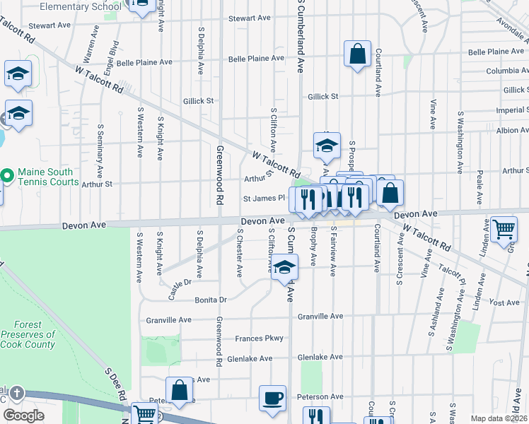 map of restaurants, bars, coffee shops, grocery stores, and more near 1006 Devon Avenue in Park Ridge