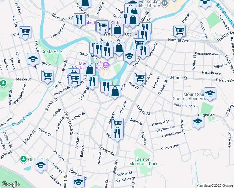 map of restaurants, bars, coffee shops, grocery stores, and more near 495 Front Street in Woonsocket