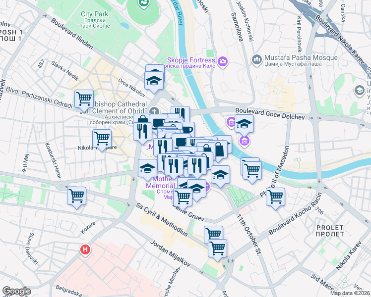 map of restaurants, bars, coffee shops, grocery stores, and more near Nikola Kljusev in Skopje