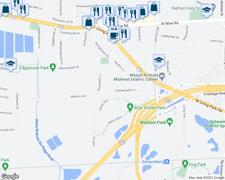 map of restaurants, bars, coffee shops, grocery stores, and more near 1812 Georgia Court in Schaumburg