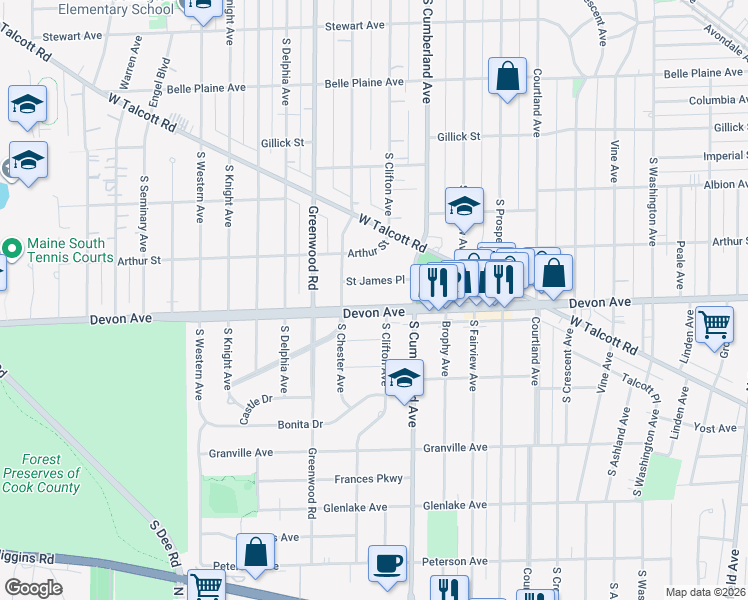 map of restaurants, bars, coffee shops, grocery stores, and more near 1011 Saint James Place in Park Ridge