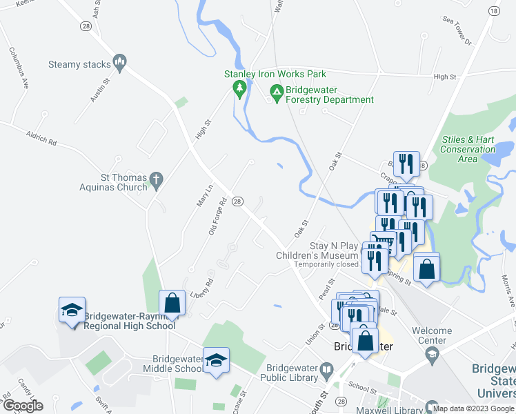 map of restaurants, bars, coffee shops, grocery stores, and more near 1 Heritage Circle in Bridgewater