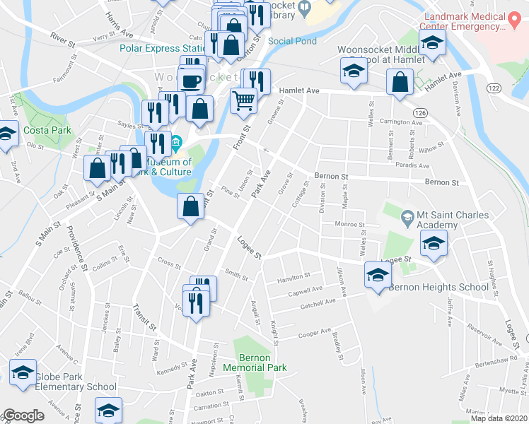 map of restaurants, bars, coffee shops, grocery stores, and more near 25 Crawford Street in Woonsocket