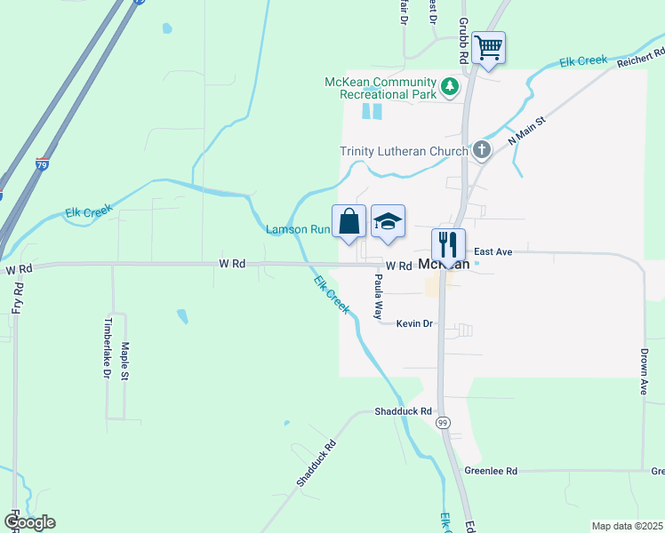 map of restaurants, bars, coffee shops, grocery stores, and more near 5197 W Rd in McKean