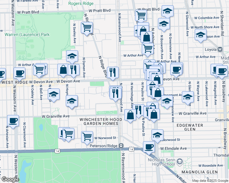 map of restaurants, bars, coffee shops, grocery stores, and more near 6359 North Ridge Avenue in Chicago