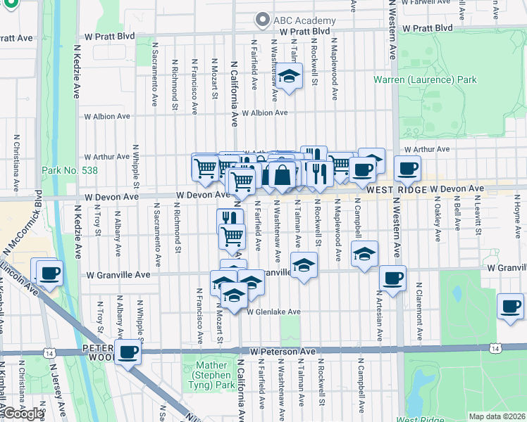 map of restaurants, bars, coffee shops, grocery stores, and more near 2653 West Devon Avenue in Chicago