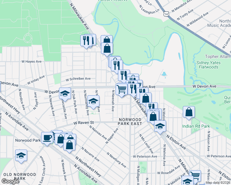map of restaurants, bars, coffee shops, grocery stores, and more near 6447 West Devon Avenue in Chicago